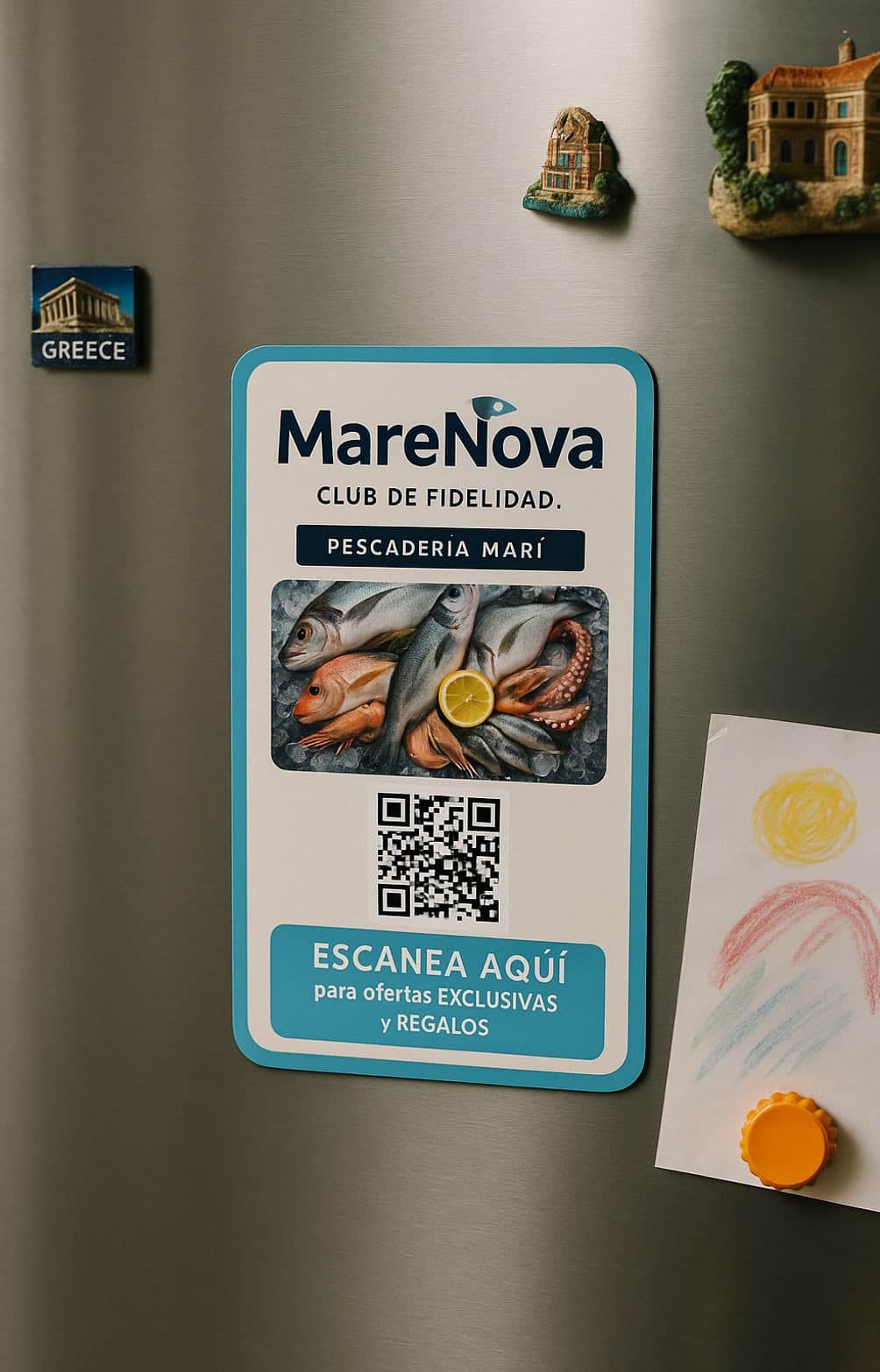 Imán de MareNova en la nevera de un cliente