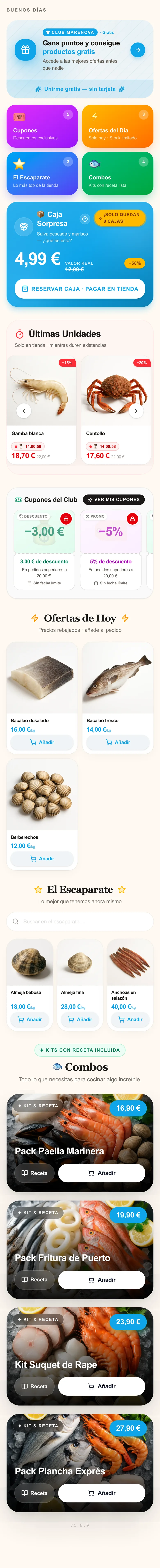 La portada de una pescadería en MareNova: club de puntos, cupones, ofertas del día, combos con receta y una caja sorpresa de pescado y marisco a 4,99 €